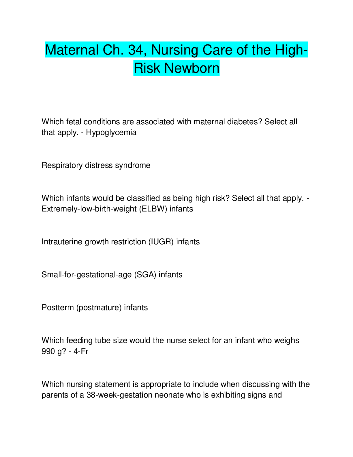 Preview image for Maternal Ch. 34, Nursing Care of the HighRisk Newborn